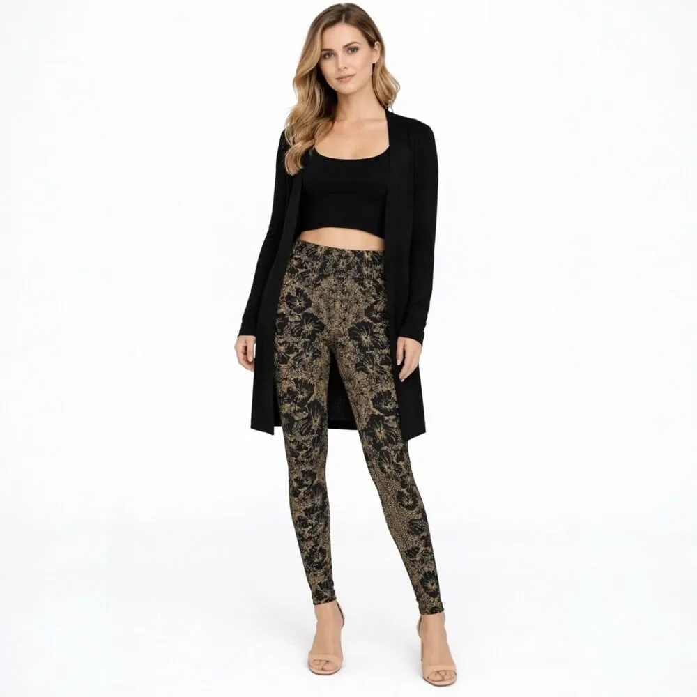 Free‎ People Gold Metallic Ornate Floral Print Leggings Black Boho